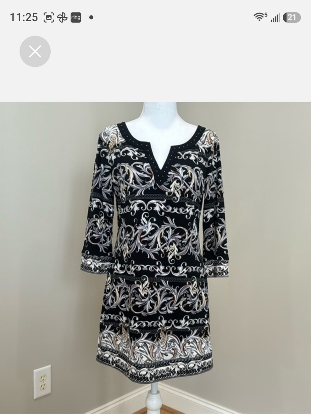 Black and White Scroll-Print Women's Dress Or TUNIC EUC